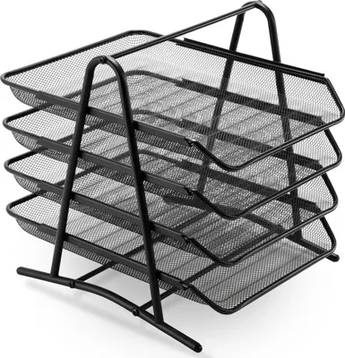 Produktbild von Schreibtisch Organizer - 4-stöckige Ablage - Mesh Metall Briefablage - Dokumenten- und Papierhalter - Büroablagekorb - Schwarz