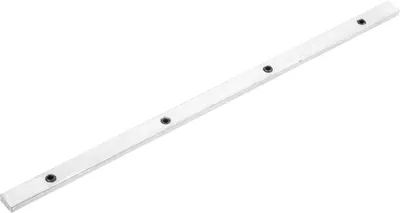 A silver metal rail with black screw heads against a white background.