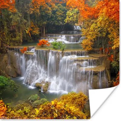 Produktbild von MuchoWow® Poster Bäume - Wasserfall - Herbst 75x75 cm - Wand Dekoration