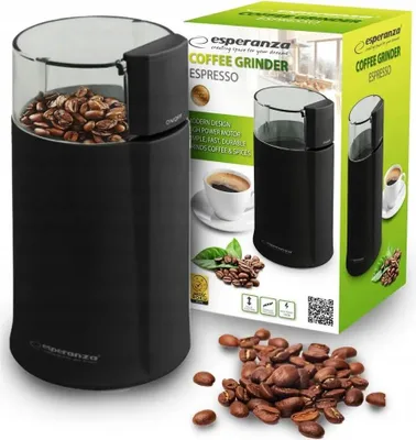 A coffee grinder and its packaging are shown, along with loose coffee beans.