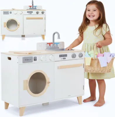 Produktbild von Holz-Waschküche & Spielküche 2-in-1 für Kinder – Waschmaschine, Spüle & Multifunktionsgerät, realistisches Rollenspiel von Mamabrum