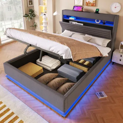Produktbild von Polsterbett 140x200cm LED USB-C Ladefunktion hydraulisch Stauraum Leinen Grau Boxspring