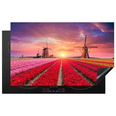 Produktbild von KitchenYeah© Herdabdeckplatte Mühle - Blumen - Sonnenuntergang - Niederländisch , 85x52cm, Küche Deko, Glaskeramikkochfeld Herdabdeckung, Abdeckplatte fùr Kochfeld
