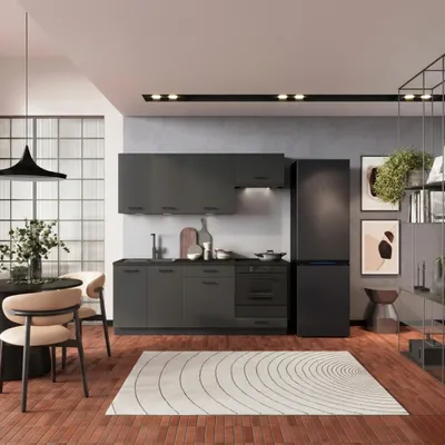 Obrázek produktu pro Kuchyňská linka 200 cm - Grafitová barva - s černou pracovní deskou - horní a dolní skříňky - moderní sestava nábytku - ANIKA