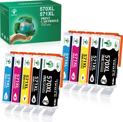 A box of printer cartridges and several rows of printer cartridges.