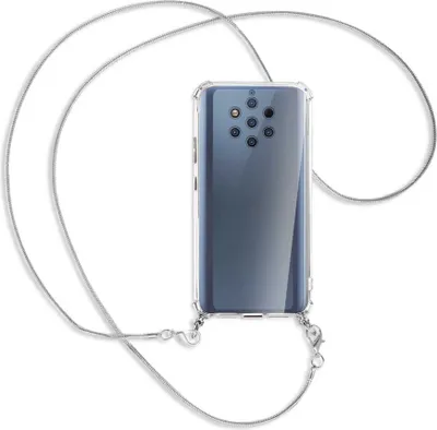 Produktbild von Handykette Backcover-Schutzhülle mit Band (Metall silberfarben) für Nokia 9 PureView - silberfarbene Kette Snake