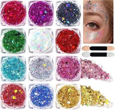 Produktbild von Körperglitzer – 12 Farben – Glitzer-Set – Holografischer Grobglitzer – Gel-Glitzer-Make-up – Schminke für Gesicht und Körper – Gesichtsbemalung