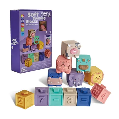 Obrázok produktu pre WOOPIE BABY: Senzorické kocky, skladačka na stláčanie, vydávajú zvuky, pomáhajú pri učení počítania, 12 kusov.