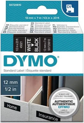 Produktbild von DYMO Original D1-Etikettenband | weiß auf schwarz | 12 mm x 7 m | selbstklebendes Schriftband | für LabelManager-Beschriftungsgerät, Weiss auf Schwarz, Polyester, Belgien, -18 - 90 °C, DYMO, LabelManager, LabelWriter 450 DUO