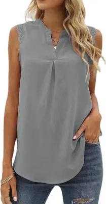 Produktbild von ASKSA Damen aermellose Bluse Elegant Spitzen Chiffon Tops Tunika Hemd V-Ausschnitt Sommer Casual Shirts Oberteile (Grau,S)