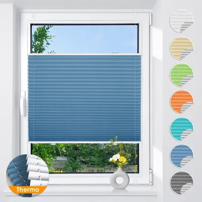 A blue pleated blind is shown installed on a window, with a small vase of flowers on the windowsill below. Several circular swatches of different colored blinds are displayed on the right side of the image.