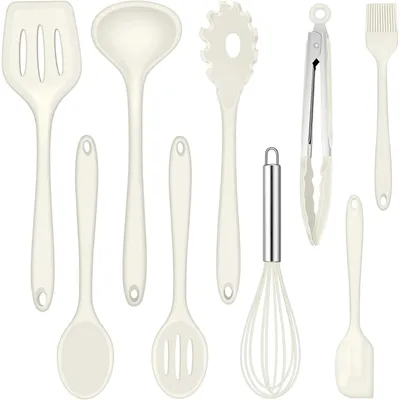 Immagine prodotto di Set di utensili da cucina in silicone, 9 pezzi, resistenti al calore, antiaderenti, colore bianco