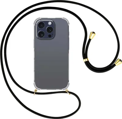 Produktbild von Handykette Backcover-Schutzhülle mit Band (Metall goldfarben) für iPhone 16 Pro - schwarz