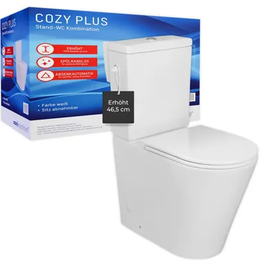 Produktbild von sanicomfort Erhöhte Stand-WC Kombination Cozy Plus 46,5 cm spülrandlos, inkl. WC-Sitz mit Absenkautomatik & Spülkasten, waagerechter Abgang, bodenstehend