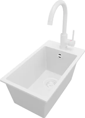 Produktbild von PRIMAGRAN Granitspüle Alles Weiß 28x50cm, Spülbecken 1 Becken + Küchenarmatur 32x20cm + Ablauf-Set, Küchenspüle ab 30er Unterschrank - Riga