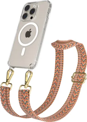 Produktbild von EAZY CASE - Handykette mit MagSafe Hülle für Apple iPhone 15 Pro, Handyband ZigZag Style,Karabiner Gold, Umhängeband in Orange