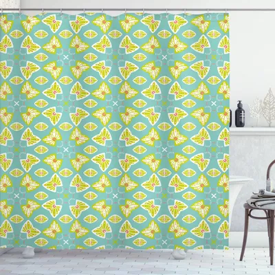 Produktbild von ABAKUHAUS Abstrakt Duschvorhang, Flourish-Damast mit Schmetterling-Motiv wie Continuous Pattern, 175 x 180 cm, Seafoam Gelb Grün