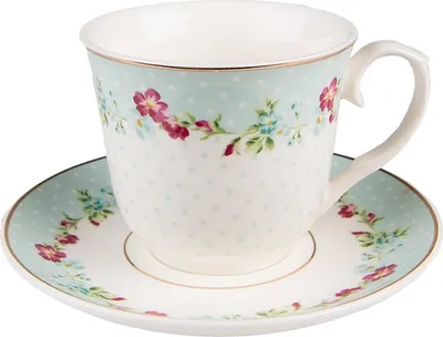 Produktbild von Clayre & Eef 6CEKS0128 – Kaffeetasse mit Untertasse, 15x8 cm, weiß, grün, 250 ml