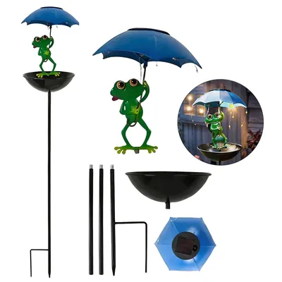 Produktbild von Solar Frosch Gartenfigur mit LED Licht und Schirm, Vogeltränke & Gartendeko 2-in-1, wetterfest, ideal für Garten, Balkon, Hof und Terrasse