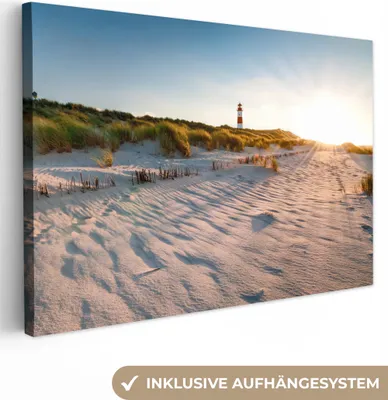 Produktbild von MuchoWow® - Leinwandbilder - Strand - Leuchtturm - Sonnenuntergang, Wandbild, Wanddeko Bilder Wohnzimmer, 120x80cm