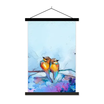 Produktbild von MuchoWow® Textilposter Gemälde - Ölfarbe - Vogel - Zweig 40x60 cm mit schwarzem Rahmen - Wanddekorationen