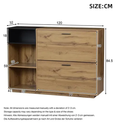 Obrázek produktu pro Skříňka na boty do předsíně - 120 × 32 × 84 cm - MDF - 3 otevřené přihrádky - 2 sklopné přihrádky - Maximální nosnost 50 kg - Přírodní dřevo/černá barva