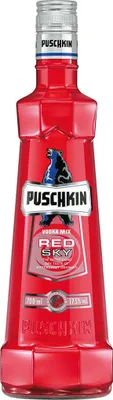 A red bottle of Puschkin Red Sky vodka mix.