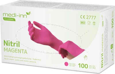 Produktbild von Medi-Inn® Classic 100 "Medi-Inn® Classic" Handschuhe, Nitril puderfrei magenta "Nitril Magenta" Größe XL | Faltschachtel (100 Stück)