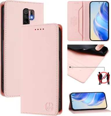 Produktbild von Lederhülle für Xiaomi Poco M2/Poco M1/Redmi 9 Hülle Flip Brieftasche Kartenfächern Ständer Schutzhülle Pink