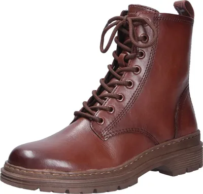 A single brown leather boot with laces is shown against a white background.