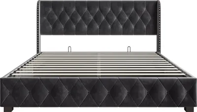 Produktbild von Fortuna Lai Polsterbett 140x200cm mit Lattenrost, Hydraulisches Boxspringbett mit Bettkasten und Stauraum, Samt Doppelbett Stauraumbett Funktionsbett, Dunkelgrau