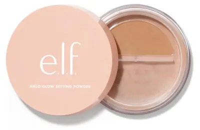 e.l.f. Halo Glow Setting Powder Medium Beige, loser Fixierpuder in geöffneter Puderdose
