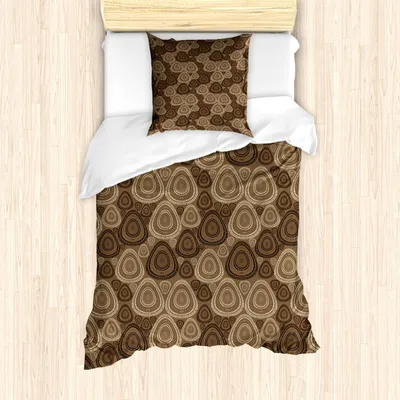 Produktbild von ABAKUHAUS Brown und Elfenbein Bettbezug Set, Kreise und ovale Dreieckformen auf Brown tonte Hintergrund, 135 x 200 cm + 80 x 80 cm, Dunkelbraun Braun