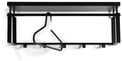 Wandgarderobe REX 3 Schwarz mit schwarzem Stahlgestell, Hutablage und fünf Haken in Gesamtansicht von vorne.
