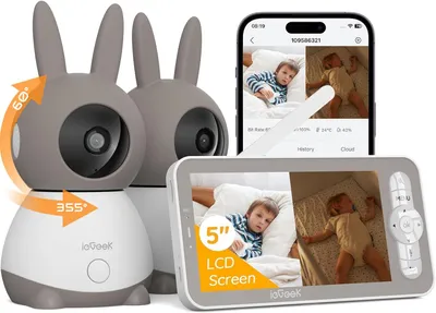 Obrázek produktu pro 2K babyfon se 2 kamerami APP 5palcový HD babyfon WLAN video babyfon Split-Screen PTZ 355°/60° noční vidění detekce pláče/pohybu/hluku