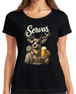 Productafbeelding van Servus Hirsch Edelweiß Bier, , Beierse lederen broek, traditionele dameskleding, T-shirt, zwart, maat M