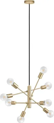 A pendant light fixture with multiple arms and exposed bulbs, suspended from a ceiling.