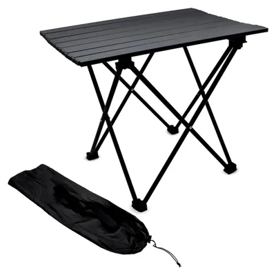 Produktbild von Klapptisch für Camping schwarz mit Tragetasche - 56 x 40 cm - Universeller Gartentisch mit einrollbarer Tischplatte - Outdoor Mehrzweck Tisch für Reisen, Picknick und Garten
