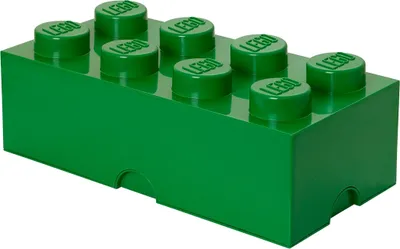 A green LEGO storage box shaped like a large LEGO brick.
