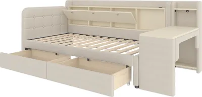 Produktbild von Stauraumbett mit Schreibtisch, 90x200 cm, Lattenrost, Regal, Schubladen, USB und Type-C Anschluss,  Einzelbett, Polsterbett, Leinen