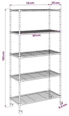 Obrázek produktu pro vidaXL Regál s 5 policemi a kolečky 75x35x155 cm chrom 250 kg