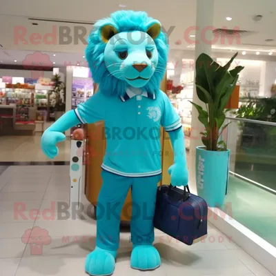 Produktbild von Türkisfarbener REDBROKOLY Löwe Maskottchen Kostüm charakter bekleidet mit einem Polo-Shirt und Handtaschen