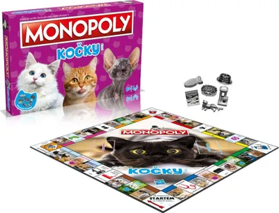 A Monopoly board game with a cat theme, including the box, board, and game pieces.
