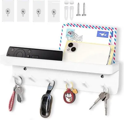 Produktbild von Schlüsselhalter mit Ablage für 6 Haken - Mehrfachfunktionaler Selbstklebender Rostfreier Metall-Schlüsselhalter - Geeignet für Eingang, Küche, Büro, Badezimmer, Wohnzimmer (Weiß)