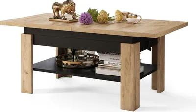 Produktbild von All4All Couchtisch Rino , Kaffeetisch , Wohnzimmertisch mit Ablage , Sofatisch , ausziehbar bis 170cm , höhenverstellbar , 130x65cm , 05 , Gold Eiche + Schwarz