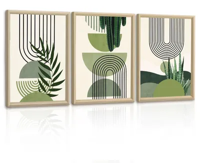 Immagine prodotto di Set di 3 quadri con tela verde salvia, con cornice, ideali per decorare camere da letto e soggiorni