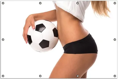 Produktbild von Wallario Outdoor-Poster für Garten oder Balkon, Motiv Fußball - sexy Frau mit einem Fußball, in ca. 100 x 150 cm