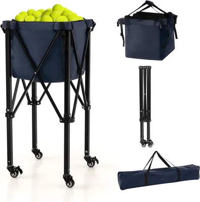 Productafbeelding van Tennisbalmand - Balwagen - Sporttraining - Inklapbaar met wielen - 150 ballen capaciteit - Donkerblauw
