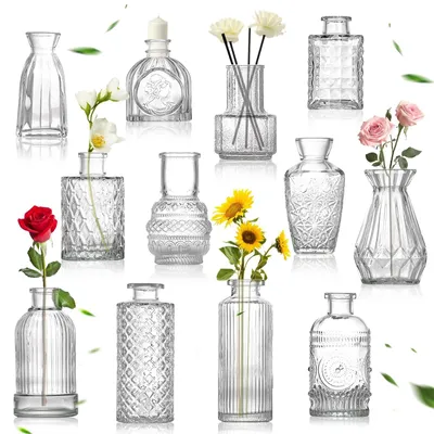 Productafbeelding van Omgoods - Set van 12 Mini Glazen Vazen, Vintage Stijl voor Tafelcentra