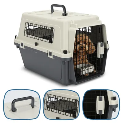Produktbild von Ikodm Hundetransportbox 60,4 x 42 x 39,8 cm bis 10 kg, Tiertransportbox für Hund und Katze mit Metalltür, Lüftungsgitter, Bodengitter und Napf, Grau Weiß